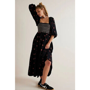 Free People Dahlia Embroidered Maxi Dress in Black Combo XS NEW